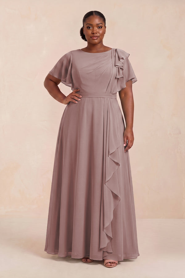 Dusty Rose Short Sleeves Bateau A-Line Chiffon Bridesmaid Dress (3) [sizeplus] | KISSBRIDAL