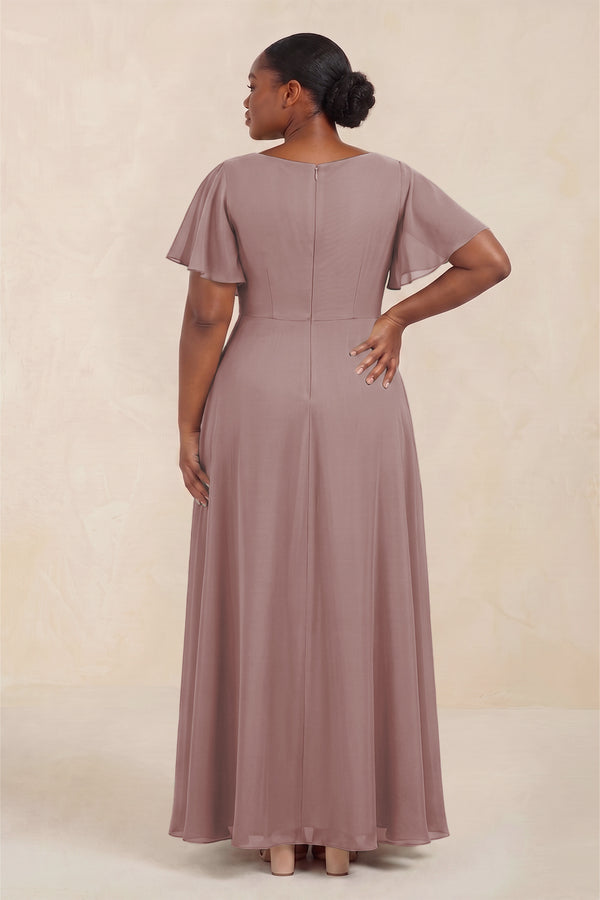 Dusty Rose Short Sleeves Bateau A-Line Chiffon Bridesmaid Dress (4) [sizeplus] | KISSBRIDAL