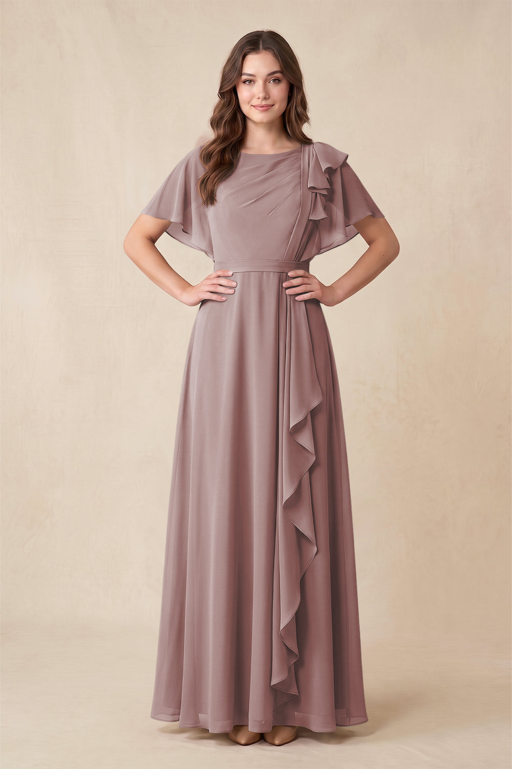 Short Sleeves Bateau A-Line Chiffon Bridesmaid Dress in Dusty Rose