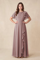 Dusty Rose Short Sleeves Bateau A-Line Chiffon Bridesmaid Dress | KISSBRIDAL