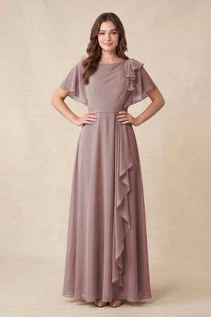 Dusty Rose Short Sleeves Bateau A-Line Chiffon Bridesmaid Dress | KISSBRIDAL