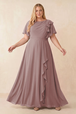 Dusty Rose Short Sleeves Bateau A-Line Chiffon Bridesmaid Dress [sizeplus] | KISSBRIDAL