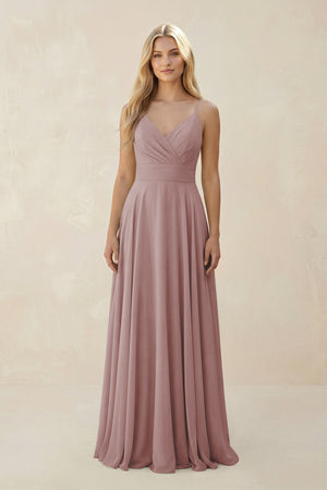 Dusty Rose Spaghetti Strap A-Line Chiffon Bridesmaid Dress | KISSBRIDAL