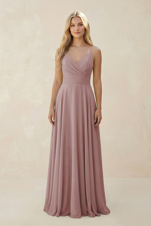 Dusty Rose Spaghetti Strap A-Line Chiffon Bridesmaid Dress | KISSBRIDAL