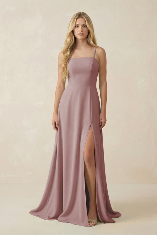 Dusty Rose Spaghetti Strap Chiffon A-Line Bridesmaid Dress | KISSBRIDAL