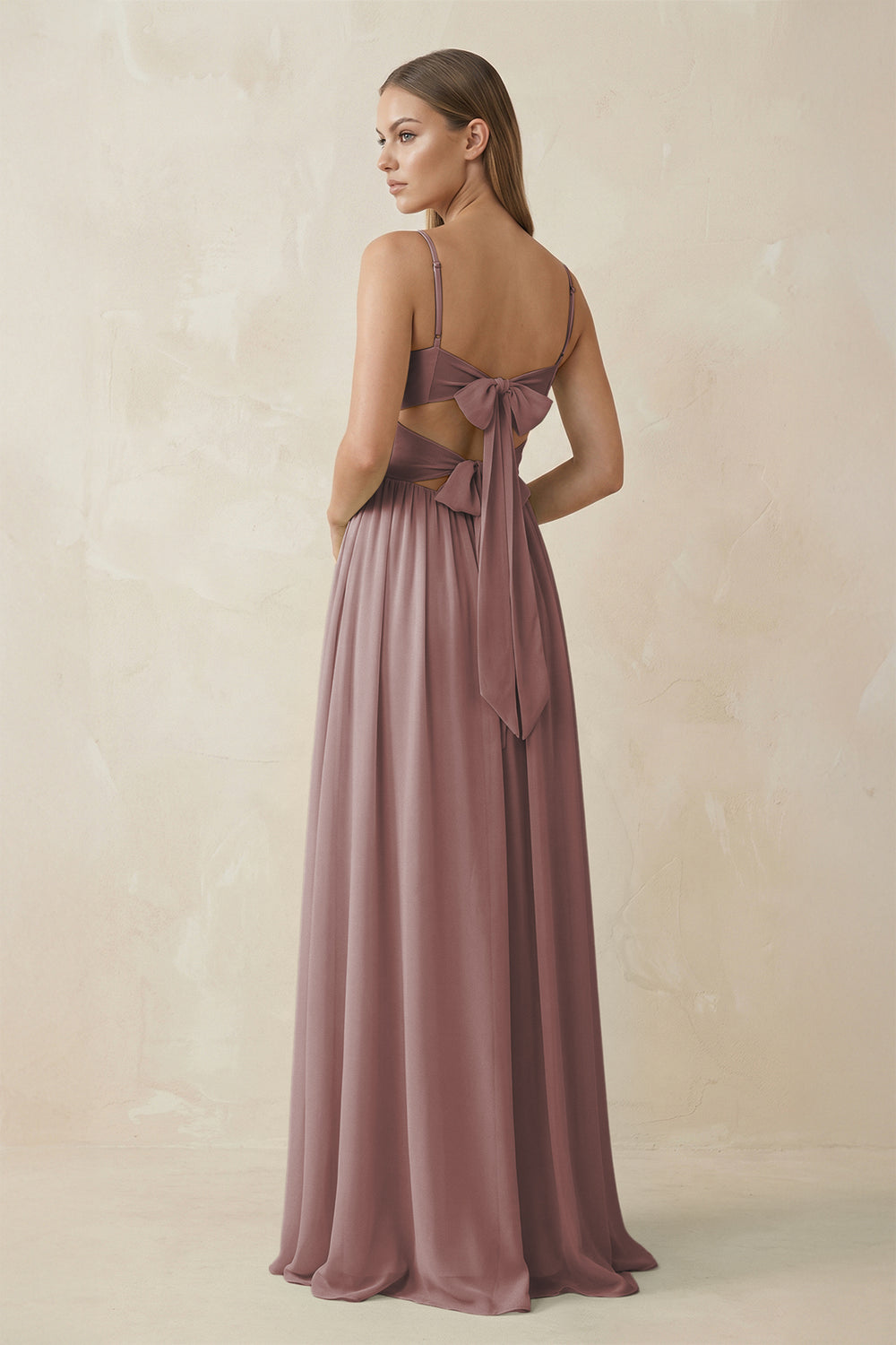 Spaghetti Strap Pleated A-Line Chiffon Bridesmaid Dress in Dusty Rose