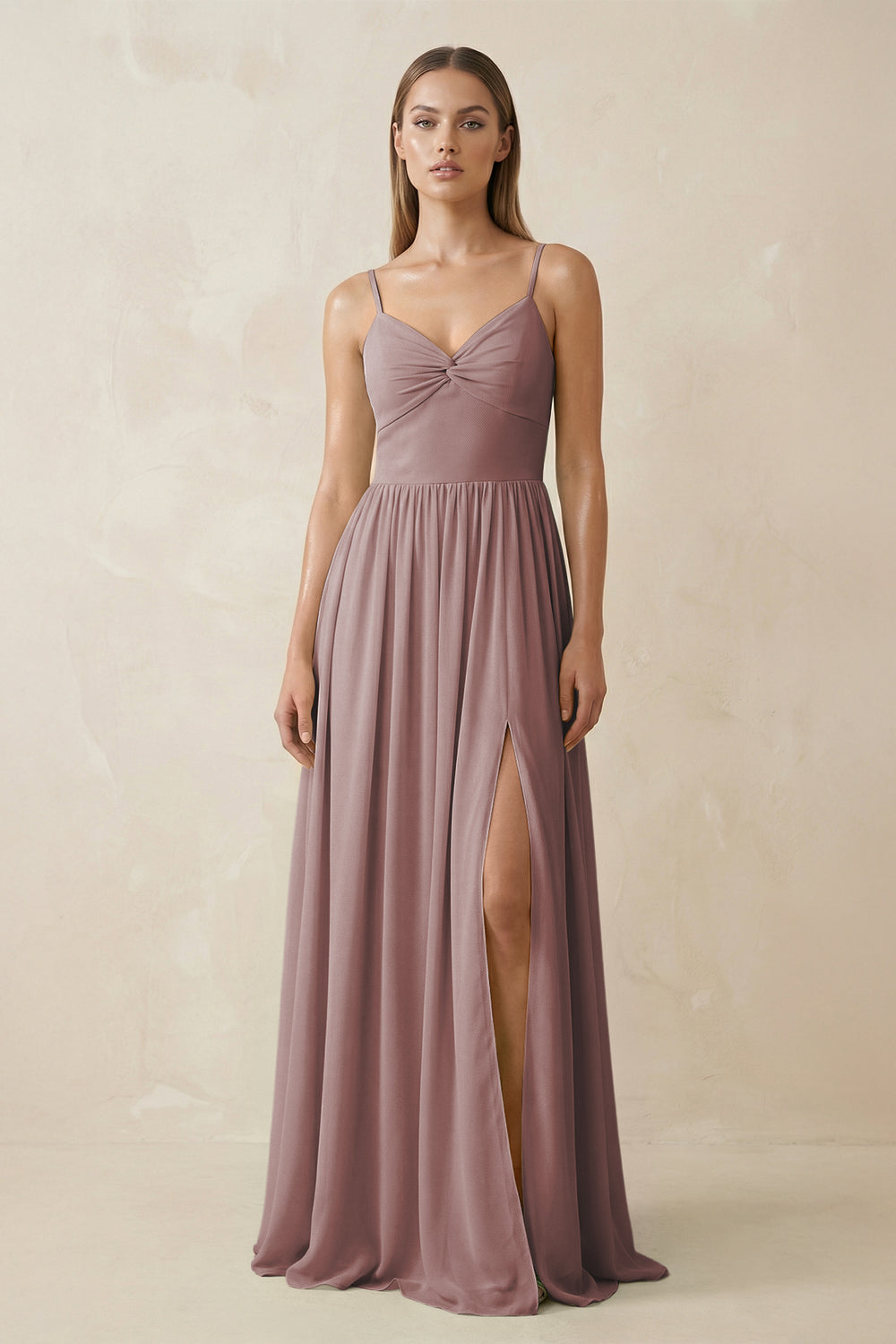Spaghetti Strap Pleated A-Line Chiffon Bridesmaid Dress in Dusty Rose