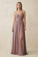 Dusty Rose Spaghetti Strap Pleated A-Line Chiffon Bridesmaid Dress | KISSBRIDAL