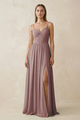 Dusty Rose Spaghetti Strap Pleated A-Line Chiffon Bridesmaid Dress | KISSBRIDAL