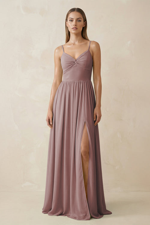 Dusty Rose Spaghetti Strap Pleated A-Line Chiffon Bridesmaid Dress | KISSBRIDAL