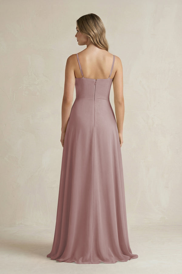 Dusty Rose Spaghetti Strap Ruffled A-Line Chiffon Bridesmaid Dress (2) | KISSBRIDAL