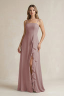 Dusty Rose Spaghetti Strap Ruffled A-Line Chiffon Bridesmaid Dress | KISSBRIDAL