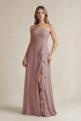 Dusty Rose Spaghetti Strap Ruffled A-Line Chiffon Bridesmaid Dress | KISSBRIDAL