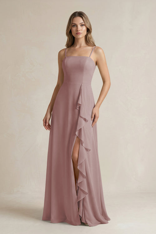 Dusty Rose Spaghetti Strap Ruffled A-Line Chiffon Bridesmaid Dress | KISSBRIDAL
