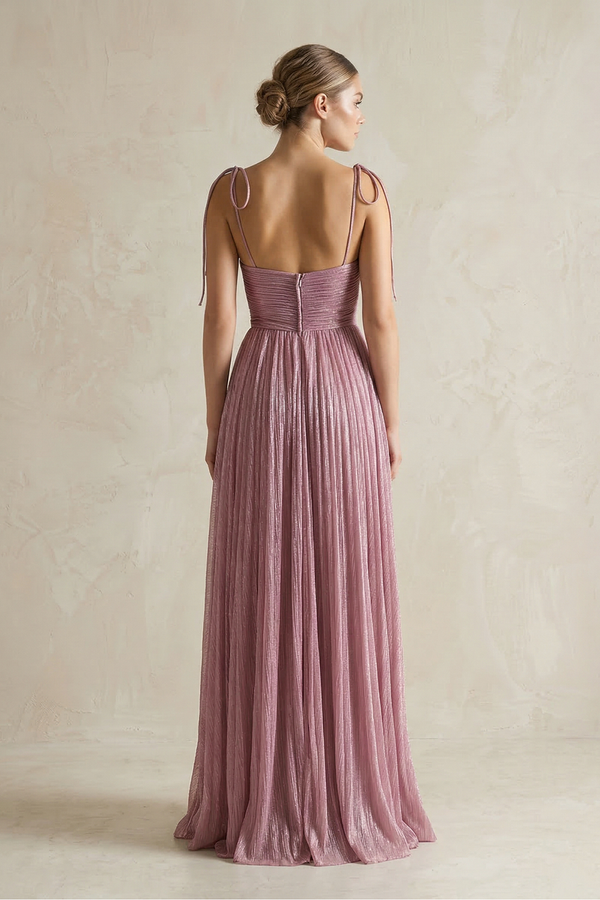 Dusty Rose Spaghetti Strap Sequined A-Line Pleated Bridesmaid Dress (2) | KISSBRIDAL