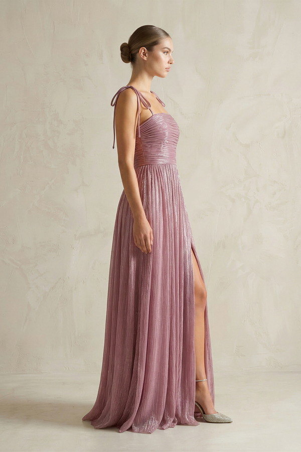 Dusty Rose Spaghetti Strap Sequined A-Line Pleated Bridesmaid Dress (3) | KISSBRIDAL