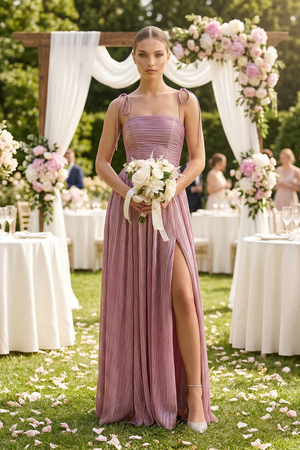 Dusty Rose Spaghetti Strap Sequined A-Line Pleated Bridesmaid Dress (4) | KISSBRIDAL