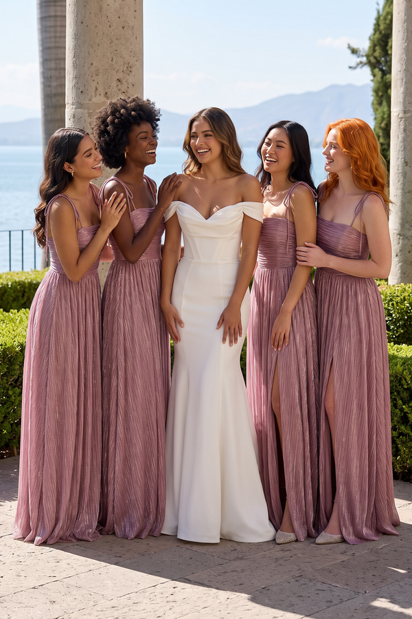 Dusty Rose Spaghetti Strap Sequined A-Line Pleated Bridesmaid Dress (5) | KISSBRIDAL