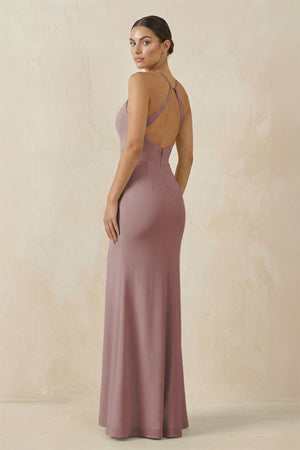Dusty Rose Spaghetti Strap Sheath Chiffon Bridesmaid Dress With Slit (2) | KISSBRIDAL