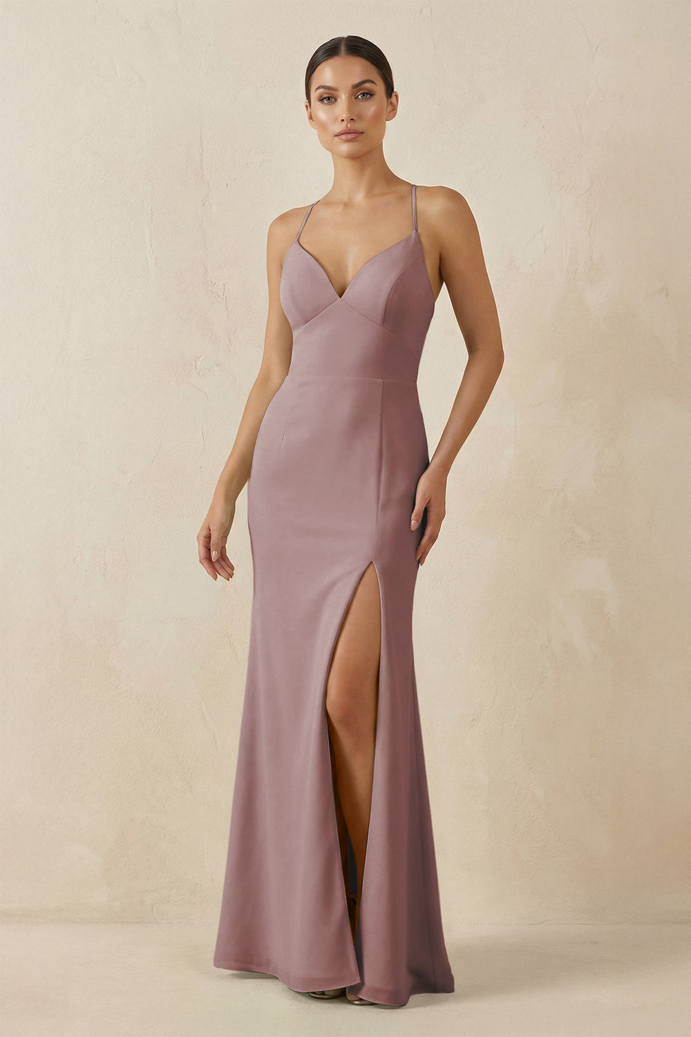 Spaghetti Strap Sheath Chiffon Bridesmaid Dress With Slit in Dusty Rose