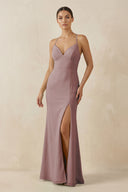Dusty Rose Spaghetti Strap Sheath Chiffon Bridesmaid Dress With Slit | KISSBRIDAL