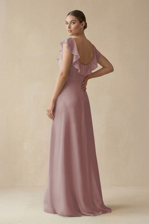 Dusty Rose Square Neck A-Line Bridesmaid Dress with Ruffles (2) | KISSBRIDAL