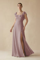Dusty Rose Square Neck A-Line Bridesmaid Dress with Ruffles | KISSBRIDAL