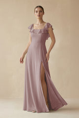 Dusty Rose Square Neck A-Line Bridesmaid Dress with Ruffles | KISSBRIDAL