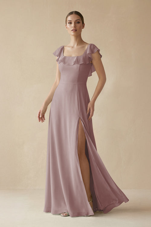 Dusty Rose Square Neck A-Line Bridesmaid Dress with Ruffles | KISSBRIDAL