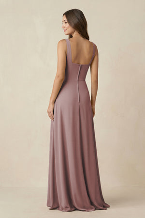 Dusty Rose Square Neck A-Line Bridesmaid Dress With Slit (2) | KISSBRIDAL