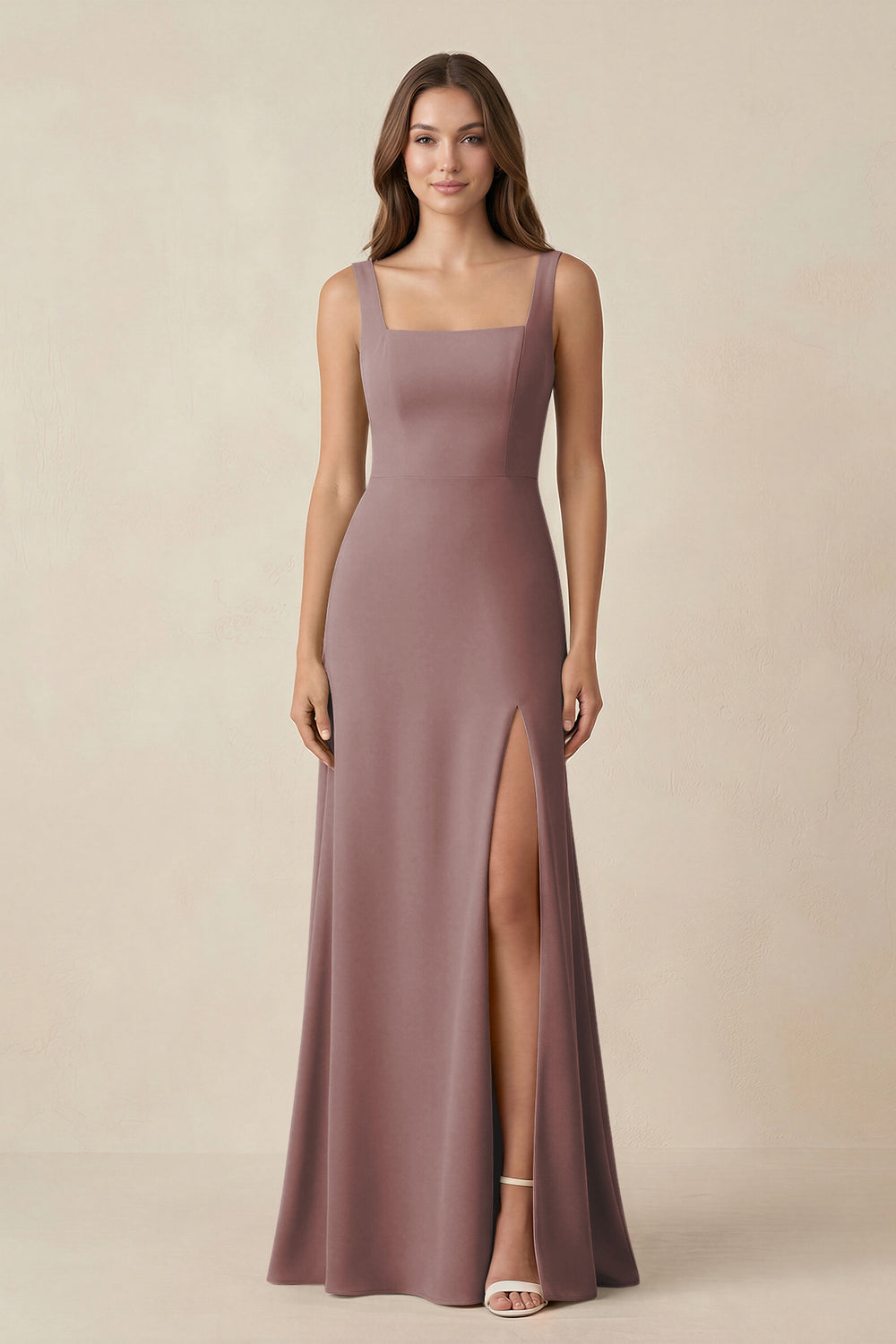Square Neck A-Line Bridesmaid Dress With Slit in Dusty Rose