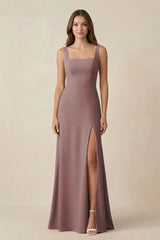 Dusty Rose Square Neck A-Line Bridesmaid Dress With Slit | KISSBRIDAL