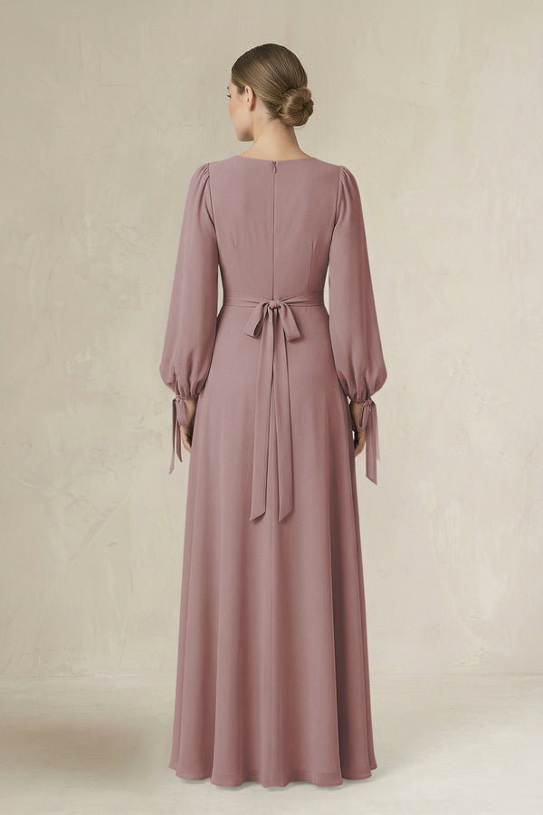 Dusty Rose Square Neck Long Sleeve A-Line Chiffon Bridesmaid Dress in Dusty Rose (2) | KISSBRIDAL