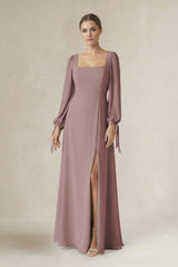 Dusty Rose Square Neck Long Sleeve A-Line Chiffon Bridesmaid Dress in Dusty Rose | KISSBRIDAL