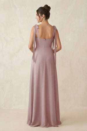 Dusty Rose Square Neck Sheath Chiffon Bridesmaid Dress with Bow (2) | KISSBRIDAL