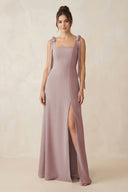 Dusty Rose Square Neck Sheath Chiffon Bridesmaid Dress with Bow | KISSBRIDAL