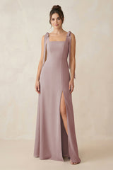 Dusty Rose Square Neck Sheath Chiffon Bridesmaid Dress with Bow | KISSBRIDAL