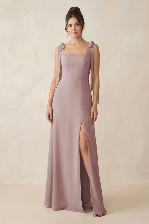 Dusty Rose Square Neck Sheath Chiffon Bridesmaid Dress with Bow | KISSBRIDAL