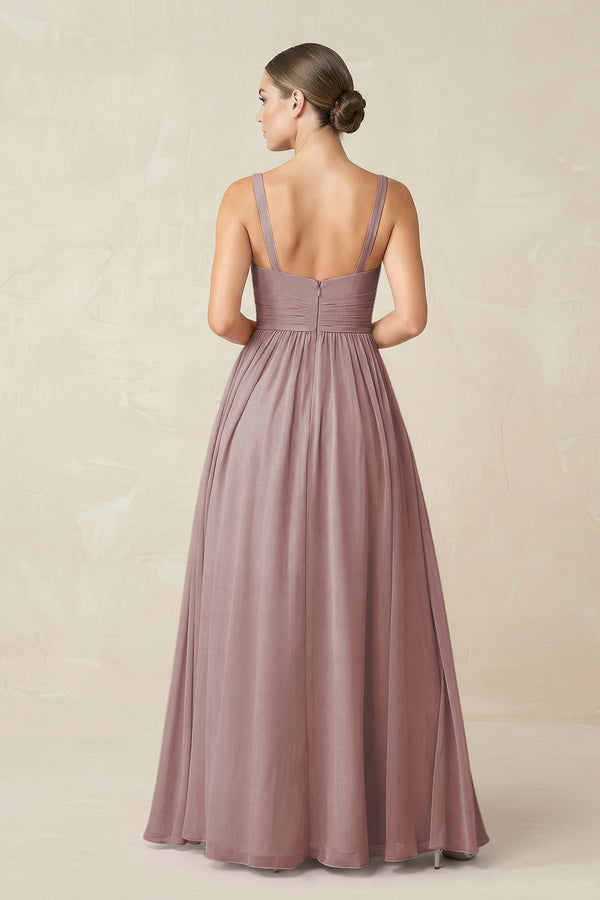 Dusty Rose Sweetheart A-Line Chiffon Bridesmaid Dress with Slit in Dusty Rose (2) | KISSBRIDAL