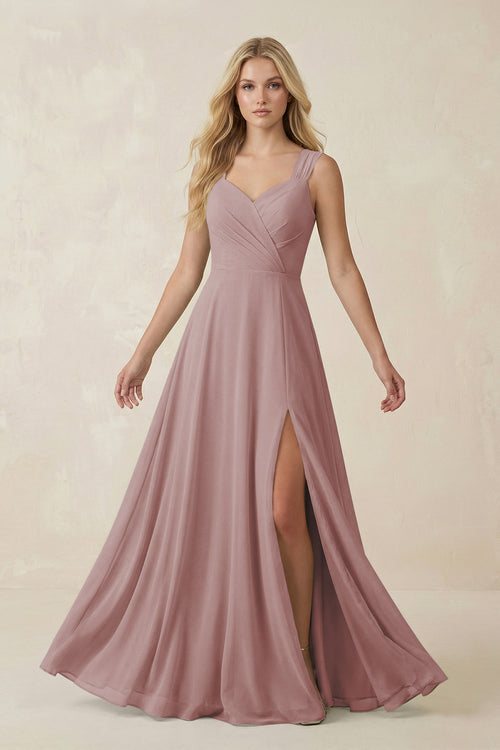 Dusty Rose Sweetheart A-Line Chiffon Long Bridesmaid Dress | KISSBRIDAL