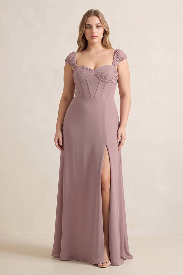 Dusty Rose Sweetheart Corset A-Line Chiffon Bridesmaid Dress [sizeplus] | KISSBRIDAL