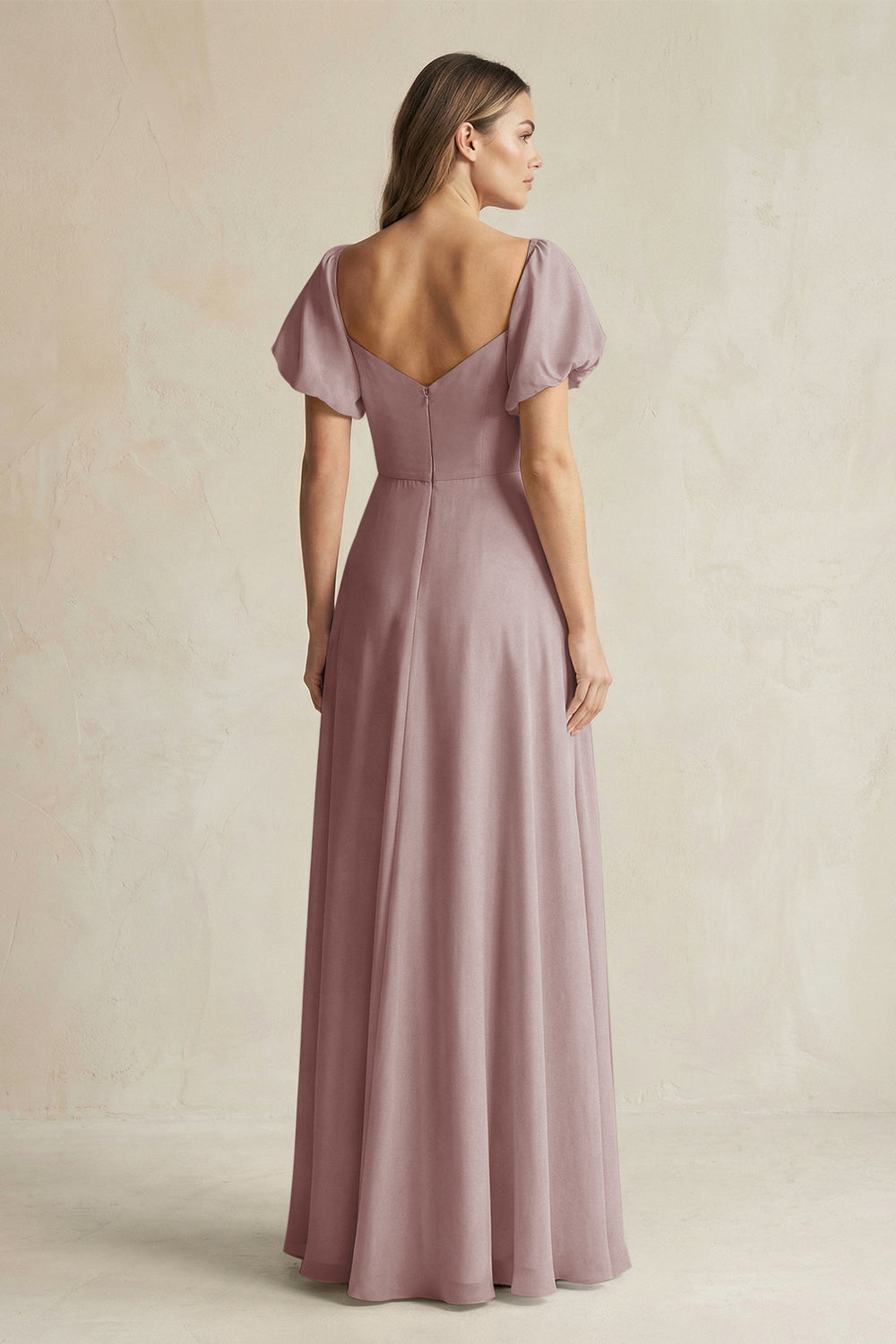 Sweetheart Puff Sleeve A-Line Chiffon Bridesmaid Dress in Dusty Rose