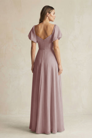 Dusty Rose Sweetheart Puff Sleeve A-Line Chiffon Bridesmaid Dress (2) | KISSBRIDAL