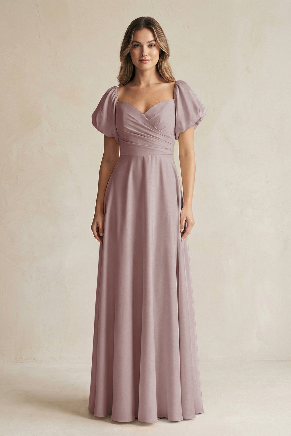 Sweetheart Puff Sleeve A-Line Chiffon Bridesmaid Dress in Dusty Rose