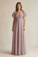 Dusty Rose Sweetheart Puff Sleeve A-Line Chiffon Bridesmaid Dress | KISSBRIDAL