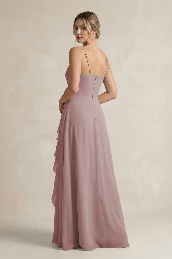 Dusty Rose Sweetheart Ruffled A-Line Chiffon Bridesmaid Dress with Slit (2) | KISSBRIDAL