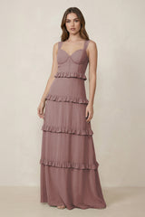 Dusty Rose Sweetheart Tiered A-Line Chiffon Bridesmaid Dress | KISSBRIDAL