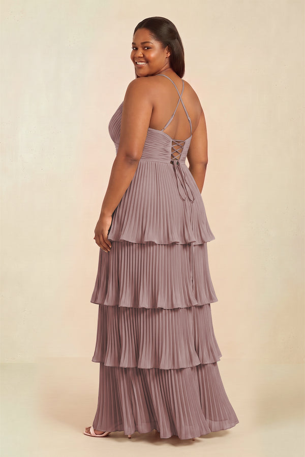 Dusty Rose Tiered Pleated V-Neck A-Line Chiffon Bridesmaid Dress (2) [sizeplus] | KISSBRIDAL