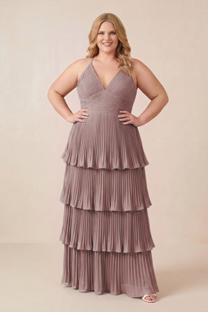 Dusty Rose Tiered Pleated V-Neck A-Line Chiffon Bridesmaid Dress (3) [sizeplus] | KISSBRIDAL