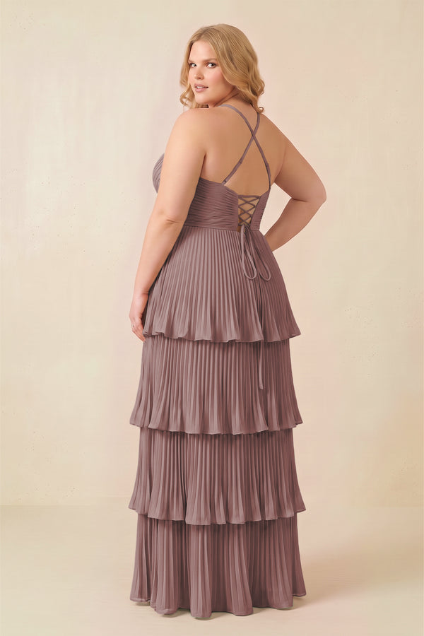 Dusty Rose Tiered Pleated V-Neck A-Line Chiffon Bridesmaid Dress (4) [sizeplus] | KISSBRIDAL